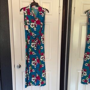 Blue Sleeveless Halter Maxi Sundress Hawaiian tropical beach wear floral tiki